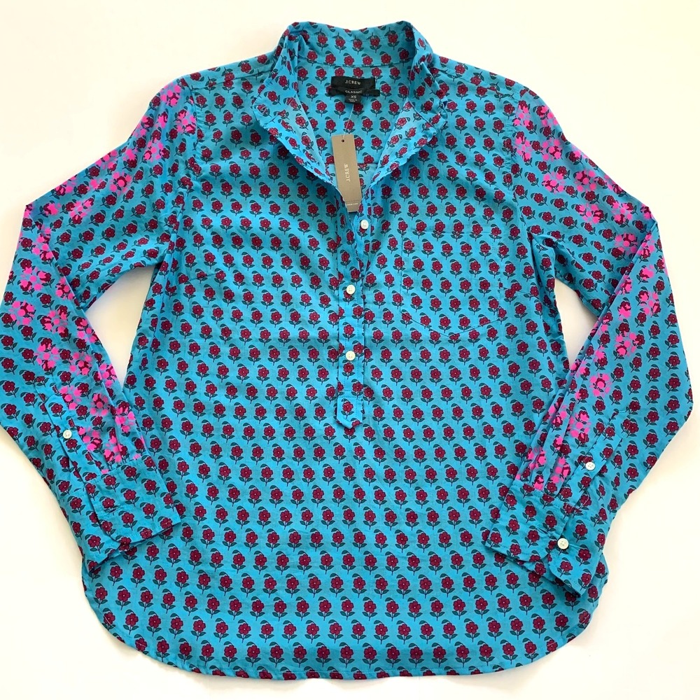 J Crew Layered Block Print Floral Popover Shirt‎ Blouse Women sz XS 0 2 AN769 - Picture 3 of 10